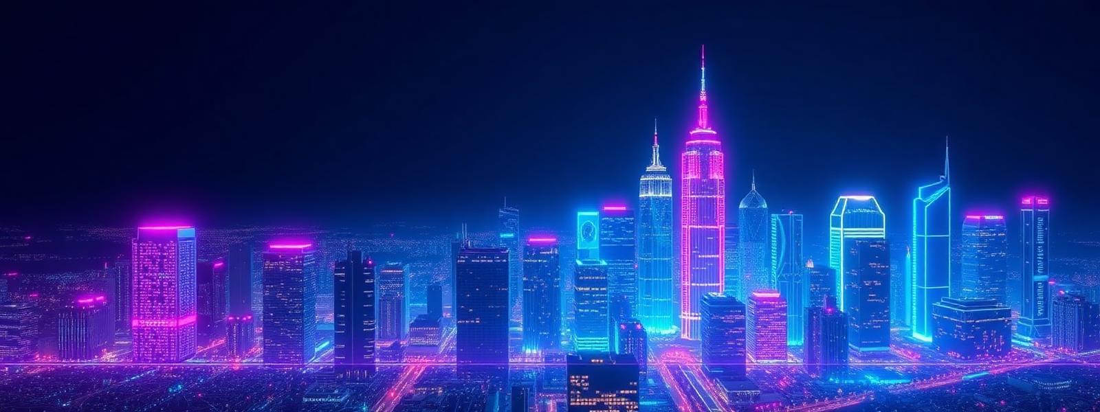 Neon-lit futuristic AI city skyline representing Hamza Mhedhbi's professional journey